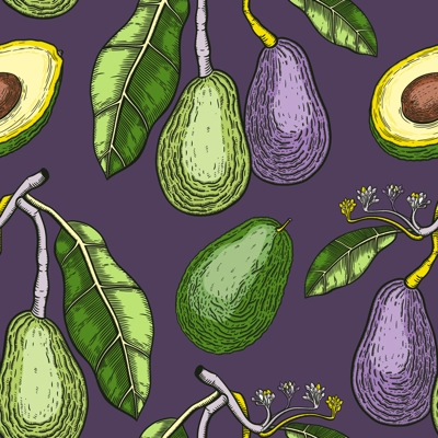 Green avocado background design. Flat fruit branches, flowers, whole avocado, cut half piece in colors. Seamless healthy food pattern. Vector plant illustration for textile, packaging, print. 